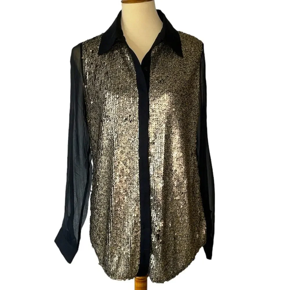 Aryn K. Silk Long Sleeve Sheer Black Blouse with Gold Sequins Size M - Picture 1 of 9